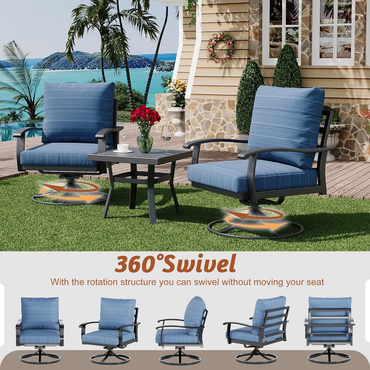 EROMMY Outdoor Swivel Rocker Patio Chairs with Ottomans, 5 PCS Bistro Set for Garden, Deck, Blue